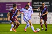 15 September 2023; Adam McDonnell of Bohemians in action against Darragh Markey of Drogheda United during the Sports Direct Men’s FAI Cup quarter-final match between Drogheda United and Bohemians at Weavers Park in Drogheda, Louth. Photo by Seb Daly/Sportsfile