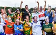 16 September 2023; Players from the Galbally team from Tyrone, wearing masks of well-known GAA personalities, during the 2023 LGFA/Sports Direct Gaelic4Mothers&Others National Blitz Day at Naomh Mearnóg GAA club in Portmarnock, Dublin. Photo by Piaras Ó Mídheach/Sportsfile