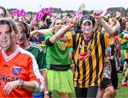 16 September 2023; Players from the Galbally team from Tyrone, wearing masks of well-known GAA personalities, including former Kilkenny hurling manager Brian Cody, during the 2023 LGFA/Sports Direct Gaelic4Mothers&Others National Blitz Day at Naomh Mearnóg GAA club in Portmarnock, Dublin. Photo by Piaras Ó Mídheach/Sportsfile