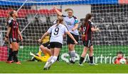 16 September 2023; Emma Hansberry of Sligo Rovers, centre, celebrates after scoring her side's first goal during the Sports Direct Women's FAI Cup quarter-final match between Bohemians and Sligo Rovers at Dalymount Park in Dublin. Photo by Seb Daly/Sportsfile