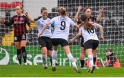 16 September 2023; Emma Hansberry of Sligo Rovers, left, celebrates with teammates after scoring their side's first goal during the Sports Direct Women's FAI Cup quarter-final match between Bohemians and Sligo Rovers at Dalymount Park in Dublin. Photo by Seb Daly/Sportsfile