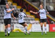 16 September 2023; Sligo Rovers players, from right, Jodie Loughrey, Alice Lillie and Emma Hansberry celebrate after their side's victory in the Sports Direct Women's FAI Cup quarter-final match between Bohemians and Sligo Rovers at Dalymount Park in Dublin. Photo by Seb Daly/Sportsfile
