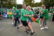 16 September 2023; Ireland supporters dance a traditional Irish dance, called a set dance, outside the stadium before the 2023 Rugby World Cup Pool B match between Ireland and Tonga at Stade de la Beaujoire in Nantes, France. Photo by Brendan Moran/Sportsfile