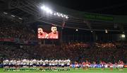 16 September 2023; Tonga players perform the Sipi Tau to Ireland players before the 2023 Rugby World Cup Pool B match between Ireland and Tonga at Stade de la Beaujoire in Nantes, France. Photo by Brendan Moran/Sportsfile
