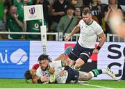 16 September 2023; Andrew Porter of Ireland scores a try which is subsequently disallowed for a knock-on during the 2023 Rugby World Cup Pool B match between Ireland and Tonga at Stade de la Beaujoire in Nantes, France. Photo by Brendan Moran/Sportsfile