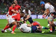 16 September 2023; Caelan Doris of Ireland on his way to scoring his side's second try during the 2023 Rugby World Cup Pool B match between Ireland and Tonga at Stade de la Beaujoire in Nantes, France. Photo by Brendan Moran/Sportsfile