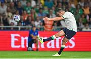 16 September 2023; Jonathan Sexton of Ireland kicks a conversion to equal his country's all-time record points scorer in international rugby during the 2023 Rugby World Cup Pool B match between Ireland and Tonga at Stade de la Beaujoire in Nantes, France. Photo by Brendan Moran/Sportsfile