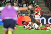 16 September 2023; Mack Hansen of Ireland celebrates after scoring his side's third try during the 2023 Rugby World Cup Pool B match between Ireland and Tonga at Stade de la Beaujoire in Nantes, France. Photo by Brendan Moran/Sportsfile