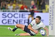 16 September 2023; Jonathan Sexton of Ireland celebrates scoring his side's fourth try to become his country's all-time top points scorer in international rugby during the 2023 Rugby World Cup Pool B match between Ireland and Tonga at Stade de la Beaujoire in Nantes, France. Photo by Brendan Moran/Sportsfile