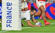 16 September 2023; James Lowe of Ireland dives over to score his side's fifth try during the 2023 Rugby World Cup Pool B match between Ireland and Tonga at Stade de la Beaujoire in Nantes, France. Photo by Brendan Moran/Sportsfile