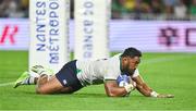 16 September 2023; Bundee Aki of Ireland dives over to score his side's sixth try during the 2023 Rugby World Cup Pool B match between Ireland and Tonga at Stade de la Beaujoire in Nantes, France. Photo by Brendan Moran/Sportsfile