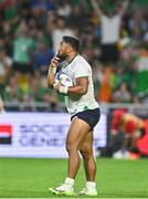 16 September 2023; Bundee Aki of Ireland celebrates after scoring his side's seventh try during the 2023 Rugby World Cup Pool B match between Ireland and Tonga at Stade de la Beaujoire in Nantes, France. Photo by Brendan Moran/Sportsfile