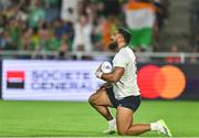 16 September 2023; Bundee Aki of Ireland celebrates after scoring his side's seventh try during the 2023 Rugby World Cup Pool B match between Ireland and Tonga at Stade de la Beaujoire in Nantes, France. Photo by Brendan Moran/Sportsfile