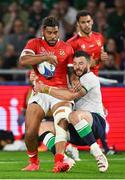 16 September 2023; Salesi Piutau of Tonga is tackled by Robbie Henshaw of Ireland during the 2023 Rugby World Cup Pool B match between Ireland and Tonga at Stade de la Beaujoire in Nantes, France. Photo by Brendan Moran/Sportsfile