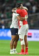 16 September 2023; Bundee Aki of Ireland and Salesi Piutau of Tonga after the 2023 Rugby World Cup Pool B match between Ireland and Tonga at Stade de la Beaujoire in Nantes, France. Photo by Brendan Moran/Sportsfile