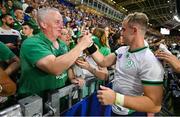 16 September 2023; Craig Casey of Ireland with his father Ger after his side's victory in the 2023 Rugby World Cup Pool B match between Ireland and Tonga at Stade de la Beaujoire in Nantes, France. Photo by Brendan Moran/Sportsfile