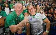 16 September 2023; Craig Casey of Ireland with his father Ger and mother Sinead after his side's victory in the 2023 Rugby World Cup Pool B match between Ireland and Tonga at Stade de la Beaujoire in Nantes, France. Photo by Brendan Moran/Sportsfile