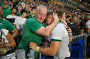 16 September 2023; Craig Casey of Ireland with his father Ger after his side's victory in the 2023 Rugby World Cup Pool B match between Ireland and Tonga at Stade de la Beaujoire in Nantes, France. Photo by Brendan Moran/Sportsfile
