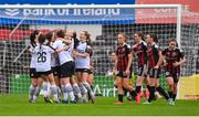 16 September 2023; Sligo Rovers players, left, celebrate their side's goal, scored by Emma Hansberry, hidden, during the Sports Direct Women's FAI Cup quarter-final match between Bohemians and Sligo Rovers at Dalymount Park in Dublin. Photo by Seb Daly/Sportsfile