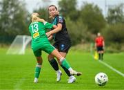 17 September 2023; Lia O'Leary of Shamrock Rovers in action against Hannah Walsh of Cork City during the Sports Direct Women's FAI Cup quarter-final match between Cork City and Shamrock Rovers at Bishopstown Stadium in Cork. Photo by Eóin Noonan/Sportsfile