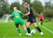 17 September 2023; Lia O'Leary of Shamrock Rovers in action against Hannah Walsh of Cork City during the Sports Direct Women's FAI Cup quarter-final match between Cork City and Shamrock Rovers at Bishopstown Stadium in Cork. Photo by Eóin Noonan/Sportsfile