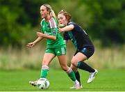 17 September 2023; Ellie O'Brien of Cork City in action against Scarlett Herron of Shamrock Rovers during the Sports Direct Women's FAI Cup quarter-final match between Cork City and Shamrock Rovers at Bishopstown Stadium in Cork. Photo by Eóin Noonan/Sportsfile