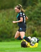 17 September 2023; Cork City goalkeeper Clodagh Fitzgerald in action against Joy Ralph of Shamrock Rovers during the Sports Direct Women's FAI Cup quarter-final match between Cork City and Shamrock Rovers at Bishopstown Stadium in Cork. Photo by Eóin Noonan/Sportsfile