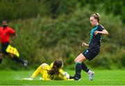 17 September 2023; Cork City goalkeeper Clodagh Fitzgerald in action against Joy Ralph of Shamrock Rovers during the Sports Direct Women's FAI Cup quarter-final match between Cork City and Shamrock Rovers at Bishopstown Stadium in Cork. Photo by Eóin Noonan/Sportsfile