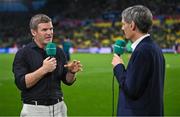 16 September 2023; Former Ireland international Gordon D'Arcy with Gabriel Clarke of ITV Sport before the 2023 Rugby World Cup Pool B match between Ireland and Tonga at Stade de la Beaujoire in Nantes, France. Photo by Brendan Moran/Sportsfile