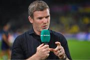 16 September 2023; Former Ireland international Gordon D'Arcy in his role as analyst for ITV Sport before the 2023 Rugby World Cup Pool B match between Ireland and Tonga at Stade de la Beaujoire in Nantes, France. Photo by Brendan Moran/Sportsfile