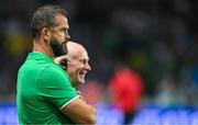 16 September 2023; Ireland head coach Andy Farrell, left, and team manager Michael Kearney before the 2023 Rugby World Cup Pool B match between Ireland and Tonga at Stade de la Beaujoire in Nantes, France. Photo by Brendan Moran/Sportsfile