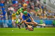 17 September 2023; Craig Leahy of Sarsfields is tackled by Michael O'Halloran of Blackrock during the Cork County Premier Senior Club Hurling Championship quarter-final match between Blackrock and Sarsfields at Páirc Uí Chaoimh in Cork. Photo by Eóin Noonan/Sportsfile