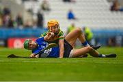 17 September 2023; Craig Leahy of Sarsfields in action against Michael O'Halloran of Blackrock during the Cork County Premier Senior Club Hurling Championship quarter-final match between Blackrock and Sarsfields at Páirc Uí Chaoimh in Cork. Photo by Eóin Noonan/Sportsfile