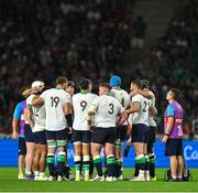 16 September 2023; The Ireland team huddle during the 2023 Rugby World Cup Pool B match between Ireland and Tonga at Stade de la Beaujoire in Nantes, France. Photo by Brendan Moran/Sportsfile