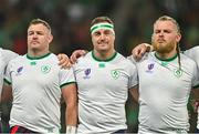 16 September 2023; Ireland players, from left, Dave Kilcoyne, Rob Herring and Finlay Bealham during the national anthems before the 2023 Rugby World Cup Pool B match between Ireland and Tonga at Stade de la Beaujoire in Nantes, France. Photo by Brendan Moran/Sportsfile