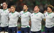 16 September 2023; Ireland players, from left, James Ryan, Garry Ringrose, Conor Murray, Tadhg Furlong and Josh van der Flier during the national anthems before the 2023 Rugby World Cup Pool B match between Ireland and Tonga at Stade de la Beaujoire in Nantes, France. Photo by Brendan Moran/Sportsfile