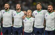 16 September 2023; Ireland players, from left, Robbie Henshaw, Mack Hansen, Craig Casey, Ross Byrne and Rónan Kelleher during the national anthems before the 2023 Rugby World Cup Pool B match between Ireland and Tonga at Stade de la Beaujoire in Nantes, France. Photo by Brendan Moran/Sportsfile