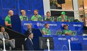 16 September 2023; Ireland head coach Andy Farrell, back row centre, with his coaching staff, from left,  forwards coach Paul O'Connell, defence coach Simon Easterby, high performance analyst Vinny Hammond and assistant coach Mike Catt and, front, analyst John Buckley and IRFU performance director David Nucifora during the 2023 Rugby World Cup Pool B match between Ireland and Tonga at Stade de la Beaujoire in Nantes, France. Photo by Brendan Moran/Sportsfile