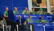 16 September 2023; Ireland head coach Andy Farrell, back row centre, with his coaching staff, from left,  forwards coach Paul O'Connell, defence coach Simon Easterby, high performance analyst Vinny Hammond and assistant coach Mike Catt and, front, analyst John Buckley and IRFU performance director David Nucifora during the 2023 Rugby World Cup Pool B match between Ireland and Tonga at Stade de la Beaujoire in Nantes, France. Photo by Brendan Moran/Sportsfile