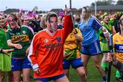 16 September 2023; Players from the Galbally team from Tyrone, wearing masks of well-known GAA personalities, during the 2023 LGFA/Sports Direct Gaelic4Mothers&Others National Blitz Day at Naomh Mearnóg GAA club in Portmarnock, Dublin. Photo by Piaras Ó Mídheach/Sportsfile