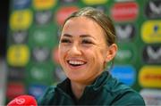 18 September 2023; Katie McCabe during a Republic of Ireland women press conference at the FAI Headquarters in Abbotstown, Dublin. Photo by Stephen McCarthy/Sportsfile