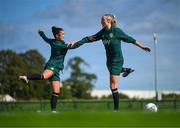 18 September 2023; Louise Quinn, right, and Marissa Sheva during a Republic of Ireland women training session at the FAI National Training Centre in Abbotstown, Dublin. Photo by Stephen McCarthy/Sportsfile