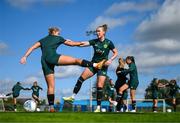 18 September 2023; Claire O'Riordan, right, and Saoirse Noonan during a Republic of Ireland women training session at the FAI National Training Centre in Abbotstown, Dublin. Photo by Stephen McCarthy/Sportsfile