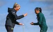 18 September 2023; Interim assistant coach Emma Byrne and Abbie Larkin play &quot;rock, paper, scissors&quot; as part of a warm-up drill during a Republic of Ireland women training session at the FAI National Training Centre in Abbotstown, Dublin. Photo by Stephen McCarthy/Sportsfile