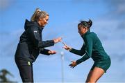 18 September 2023; Interim assistant coach Emma Byrne and Abbie Larkin play &quot;rock, paper, scissors&quot; as part of a warm-up drill during a Republic of Ireland women training session at the FAI National Training Centre in Abbotstown, Dublin. Photo by Stephen McCarthy/Sportsfile