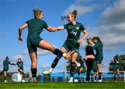 18 September 2023; Claire O'Riordan, rigth, and Saoirse Noonan during a Republic of Ireland women training session at the FAI National Training Centre in Abbotstown, Dublin. Photo by Stephen McCarthy/Sportsfile
