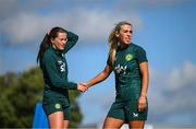 18 September 2023; Savannah McCarthy, right, and Tyler Toland during a Republic of Ireland women training session at the FAI National Training Centre in Abbotstown, Dublin. Photo by Stephen McCarthy/Sportsfile