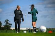 18 September 2023; Interim assistant coach Emma Byrne and Abbie Larkin during a Republic of Ireland women training session at the FAI National Training Centre in Abbotstown, Dublin. Photo by Stephen McCarthy/Sportsfile