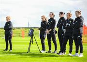18 September 2023; Interim head coach Eileen Gleeson with members of her backroom staff, from left, STATSports analyst Claire Dunne, physiotherapist Angela Kenneally physiotherapist Susie Coffey, Dr Siobhan Forman, team doctor; and social media coordinator Emma Clinton during a Republic of Ireland women training session at the FAI National Training Centre in Abbotstown, Dublin. Photo by Stephen McCarthy/Sportsfile