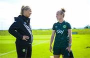 18 September 2023; Interim assistant coach Emma Byrne and Claire O'Riordan during a Republic of Ireland women training session at the FAI National Training Centre in Abbotstown, Dublin. Photo by Stephen McCarthy/Sportsfile